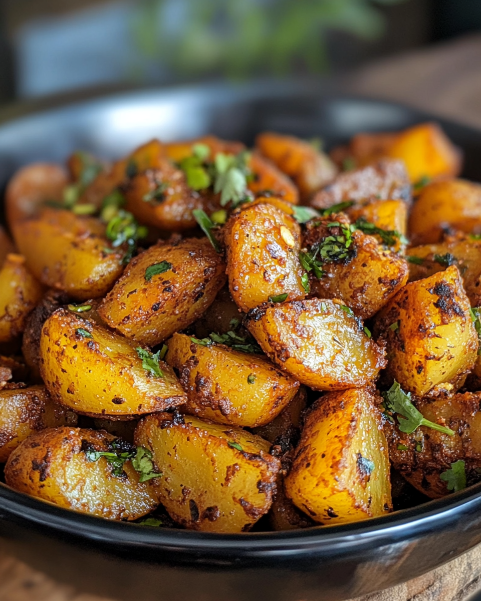 Golden crispy Indian-style Bombay potatoes ready to serve