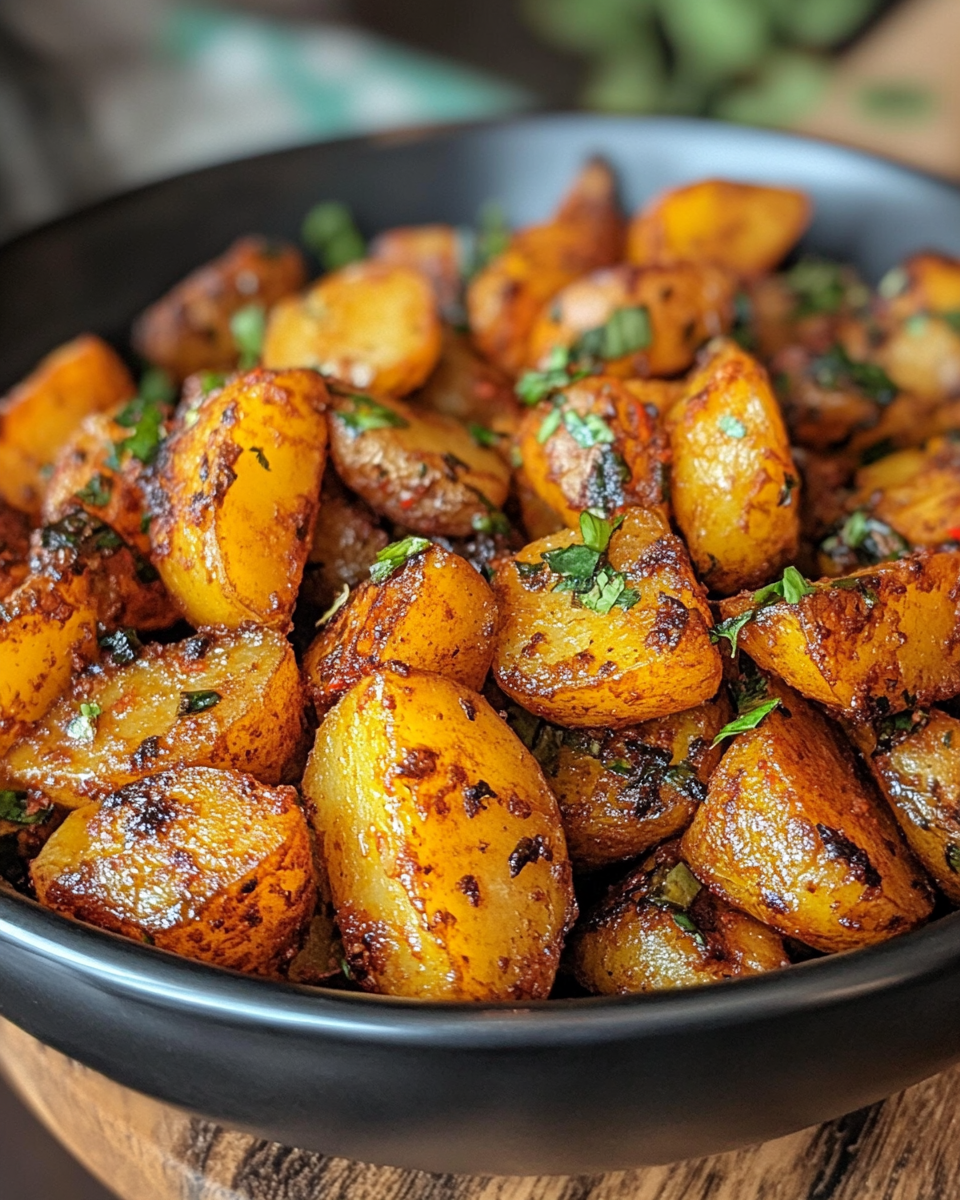 Pressure cooker with flavorful Indian potatoes cooking inside