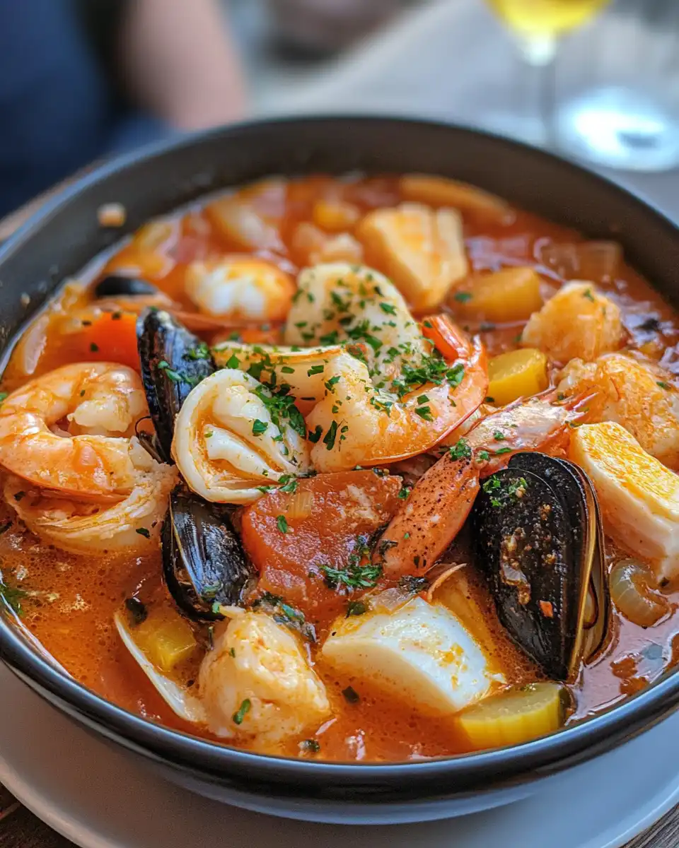 Fresh ingredients for bouillabaisse arranged on kitchen counter