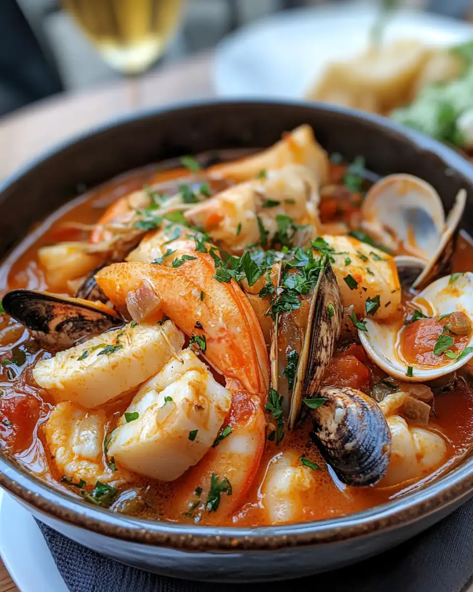 Bouillabaisse simmering in pressure cooker after seafood added