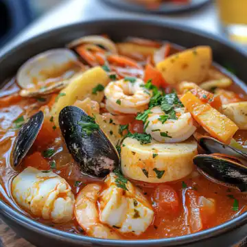 Bouillabaisse Seafood Stew taken with iphone 15 pro max --iw 2 --ar 4:5 --v 6.1 --raw