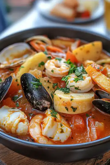 Bouillabaisse Seafood Stew taken with iphone 15 pro max --iw 2 --ar 4:5 --v 6.1 --raw