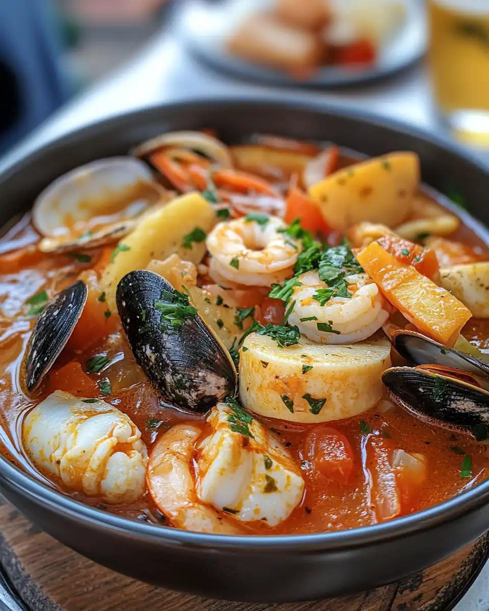 Bouillabaisse seafood stew simmering in pressure cooker with steam