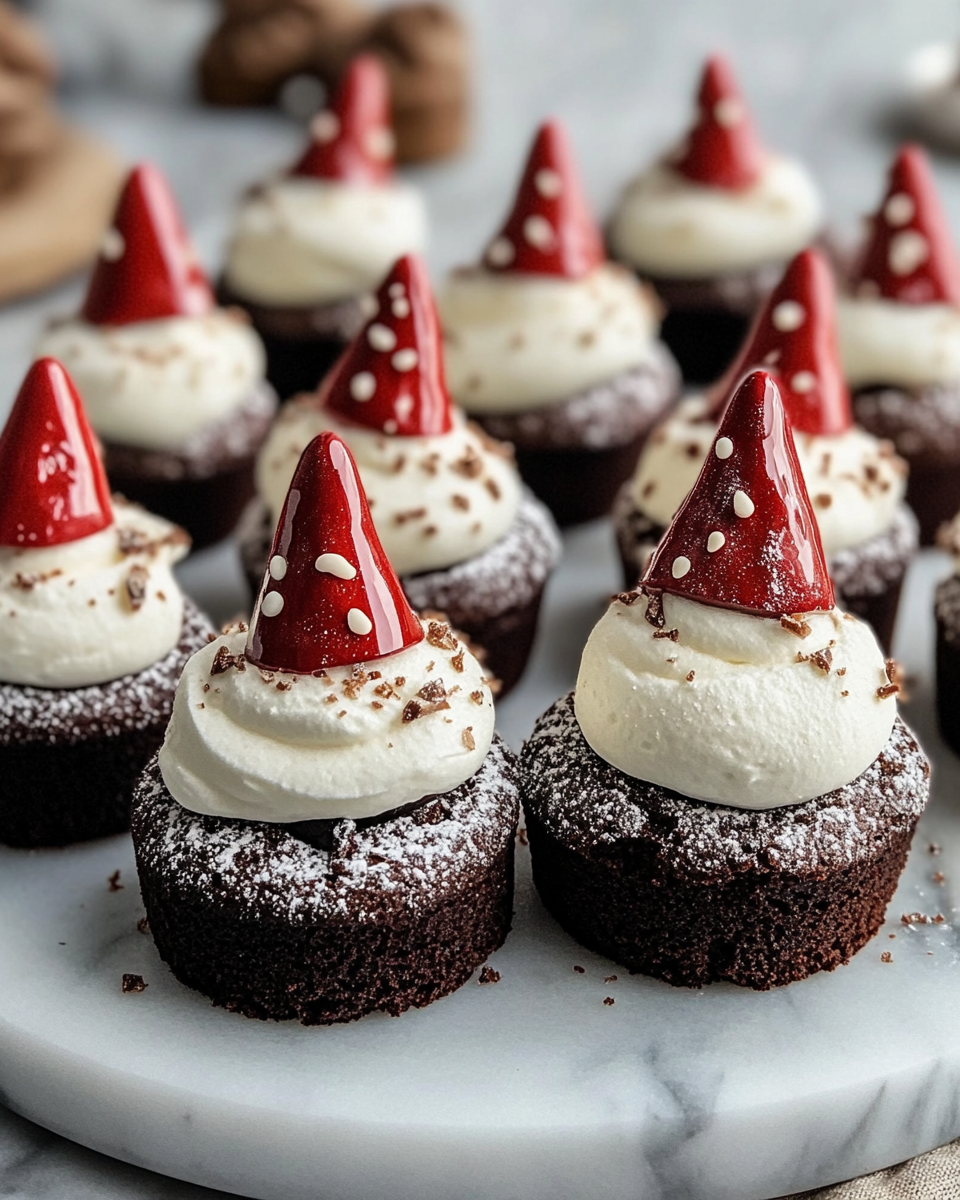 Ingredients laid out for making brownie bite gnomes including strawberries, frosting, and candies