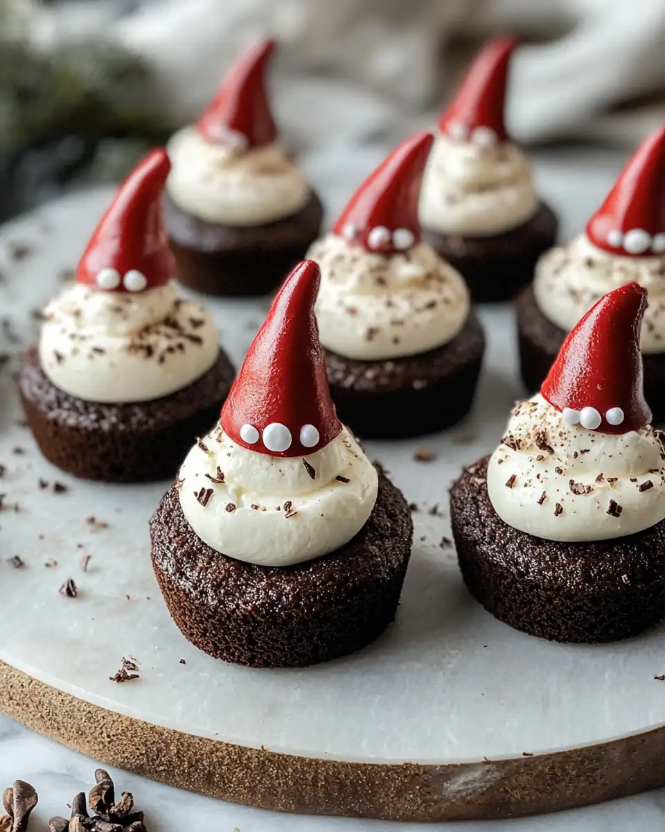 Finished brownie bite gnome treats with strawberry hats and frosting beards