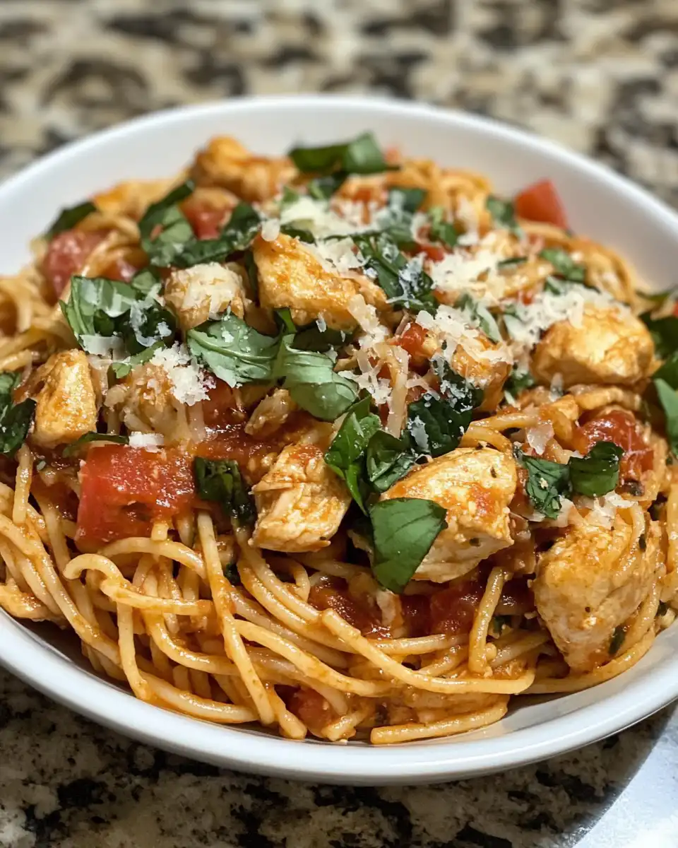 Finished bruschetta chicken pasta plated and garnished