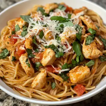 Bruschetta Chicken Pasta taken with iphone 15 pro max --iw 2 --ar 4:5 --v 6.1 --raw