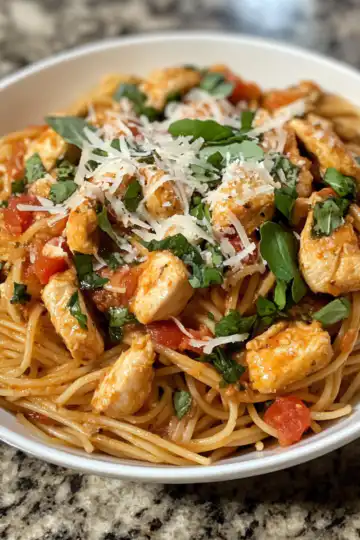 Bruschetta Chicken Pasta taken with iphone 15 pro max --iw 2 --ar 4:5 --v 6.1 --raw