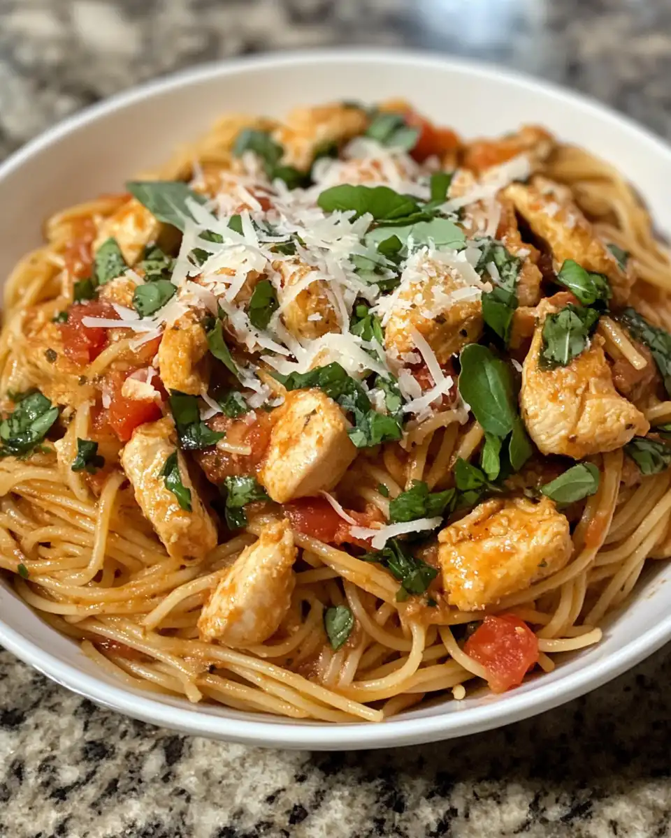 Freshly cooked bruschetta chicken with pasta in skillet