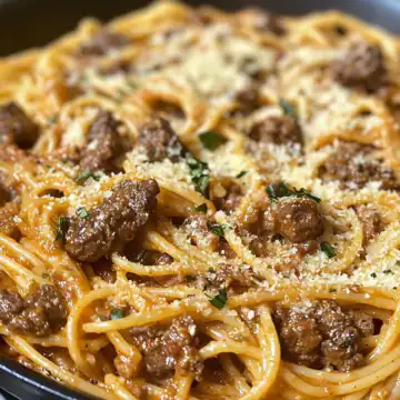 Cajun Beef Spaghetti In Creamy Three Cheese Parmesan Sauce taken with iphone 15 pro max --iw 2 --ar 4:5 --v 6.1 --raw