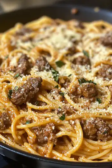 Cajun Beef Spaghetti In Creamy Three Cheese Parmesan Sauce taken with iphone 15 pro max --iw 2 --ar 4:5 --v 6.1 --raw