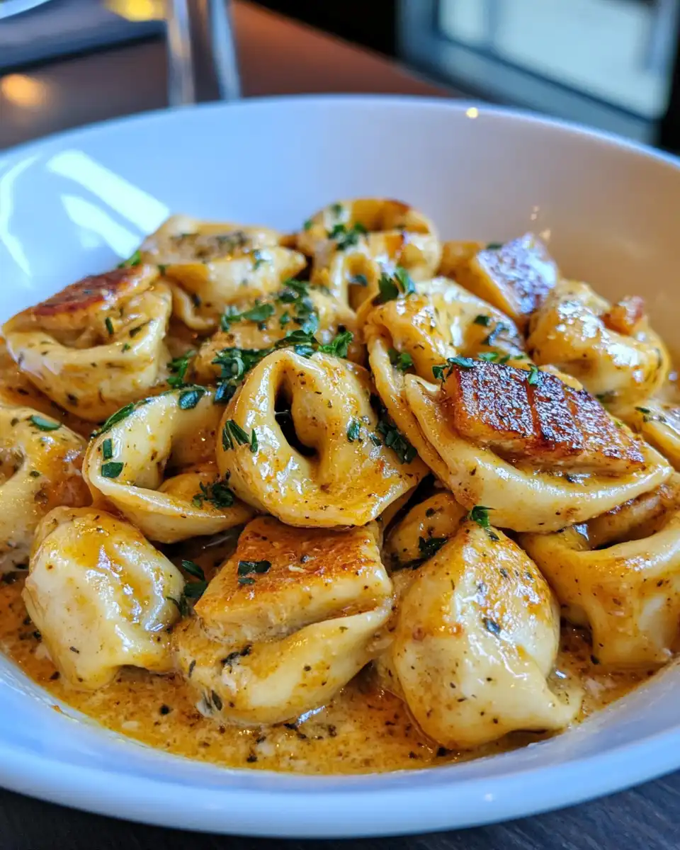 Cooking cream sauce with garlic and parmesan in skillet for tortellini