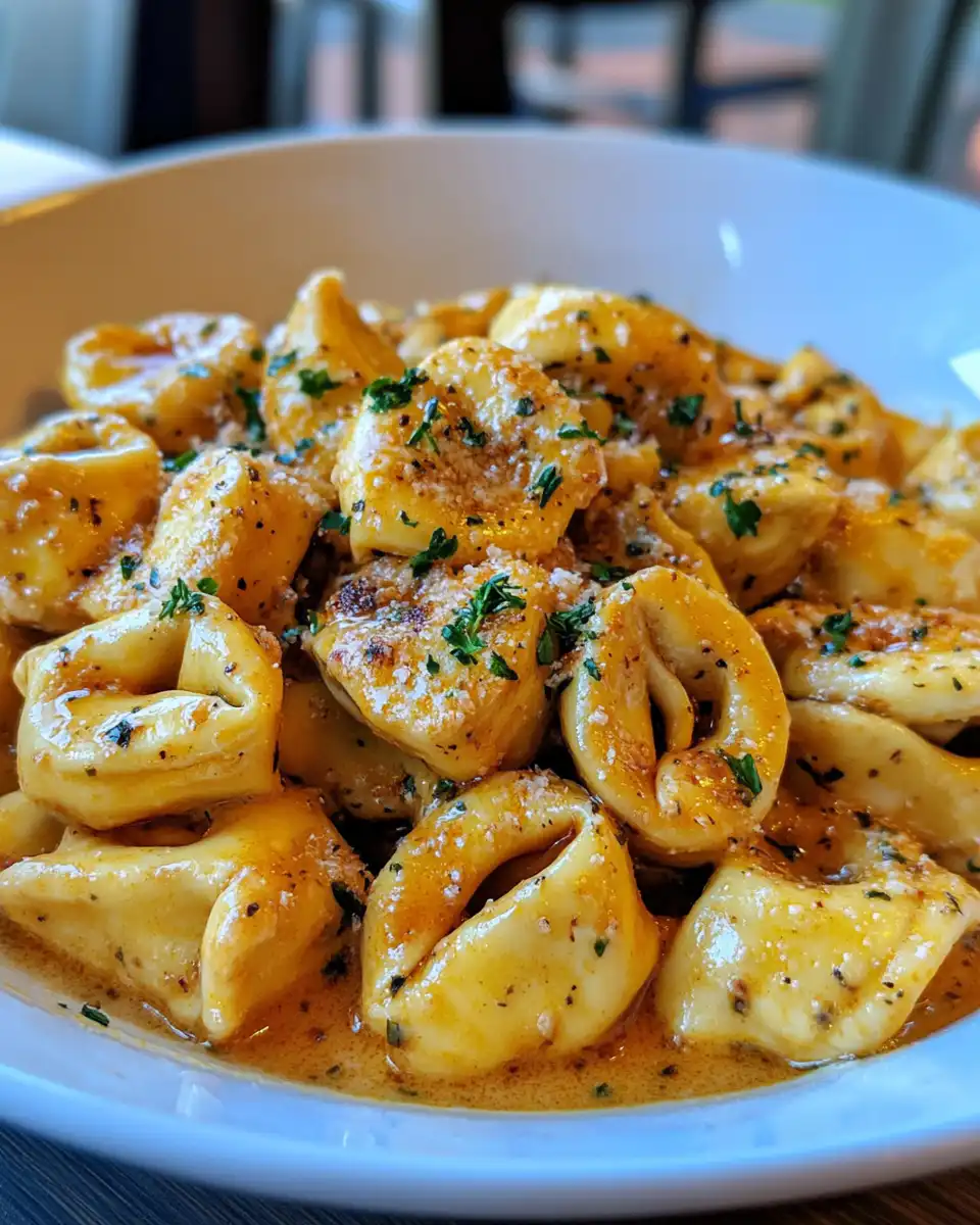 Plated creamy chicken tortellini garnished with fresh parsley and parmesan