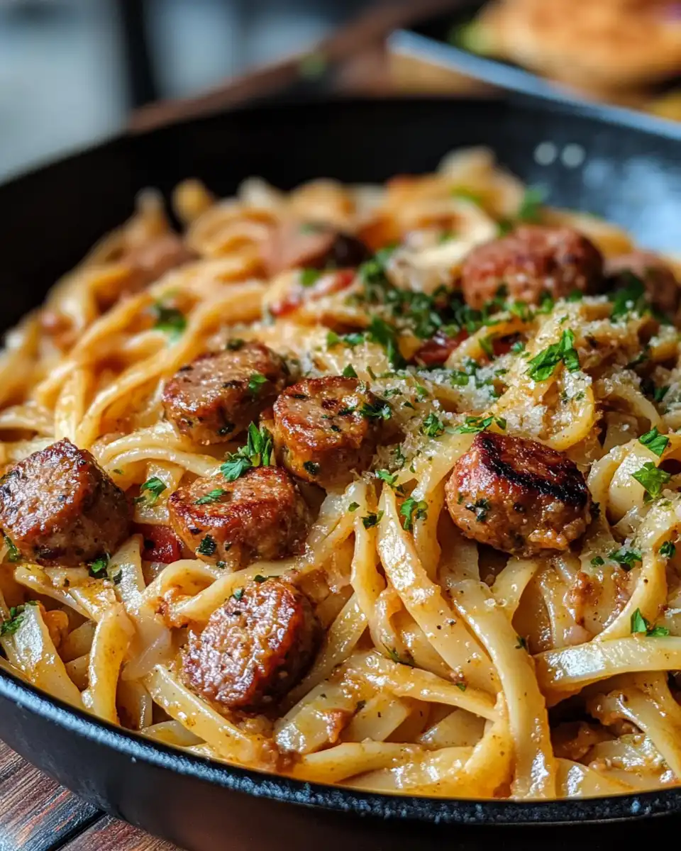 Creamy Cajun sausage pasta served hot in a bowl