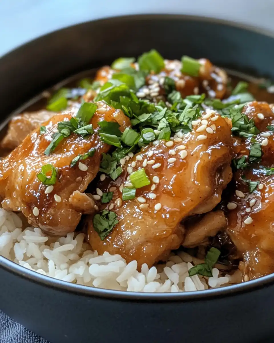 Final plated caramelised soy chicken with garlic ginger broth and rice