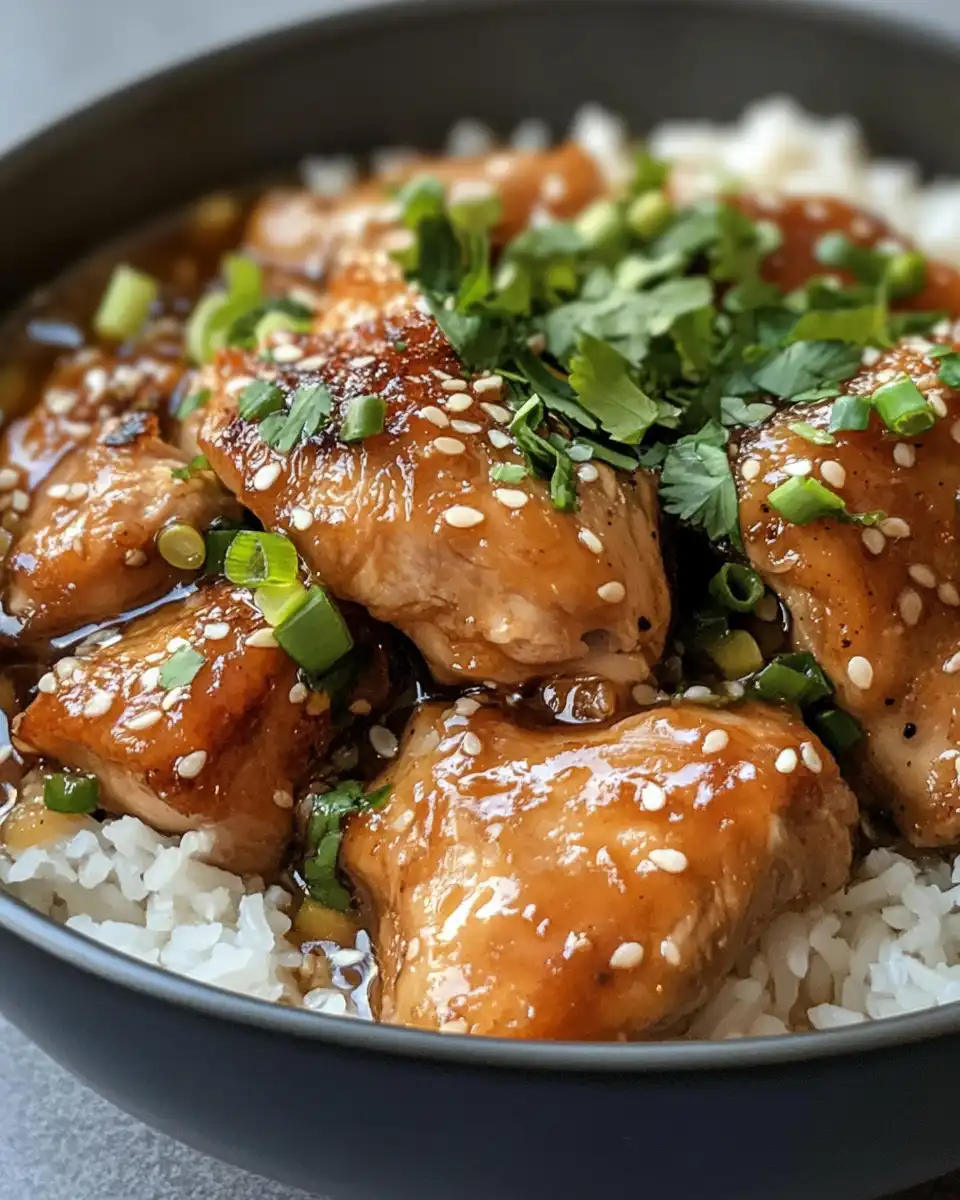Caramelised soy chicken simmering in garlic ginger broth with jasmine rice