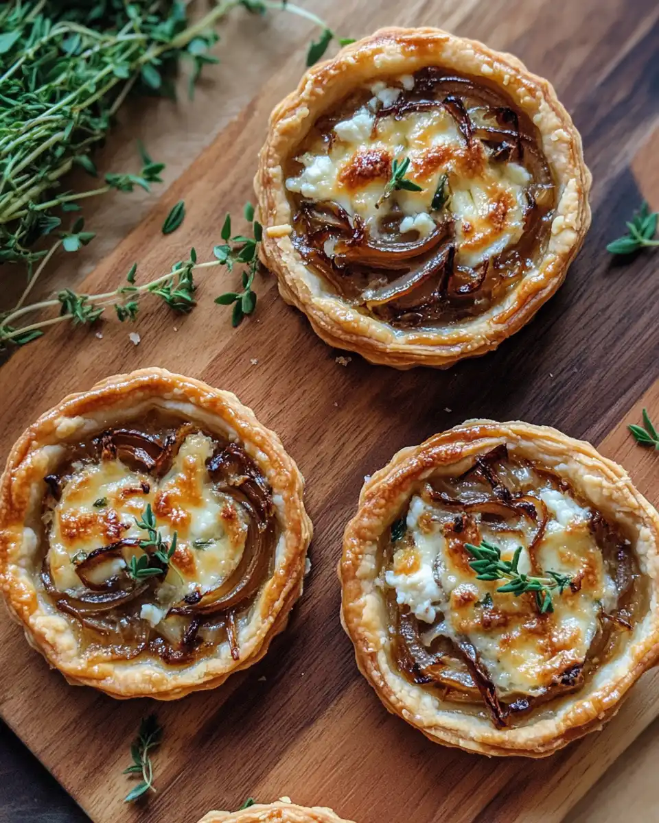 Finished golden puff pastry tartlets with caramelized onion and goat cheese filling