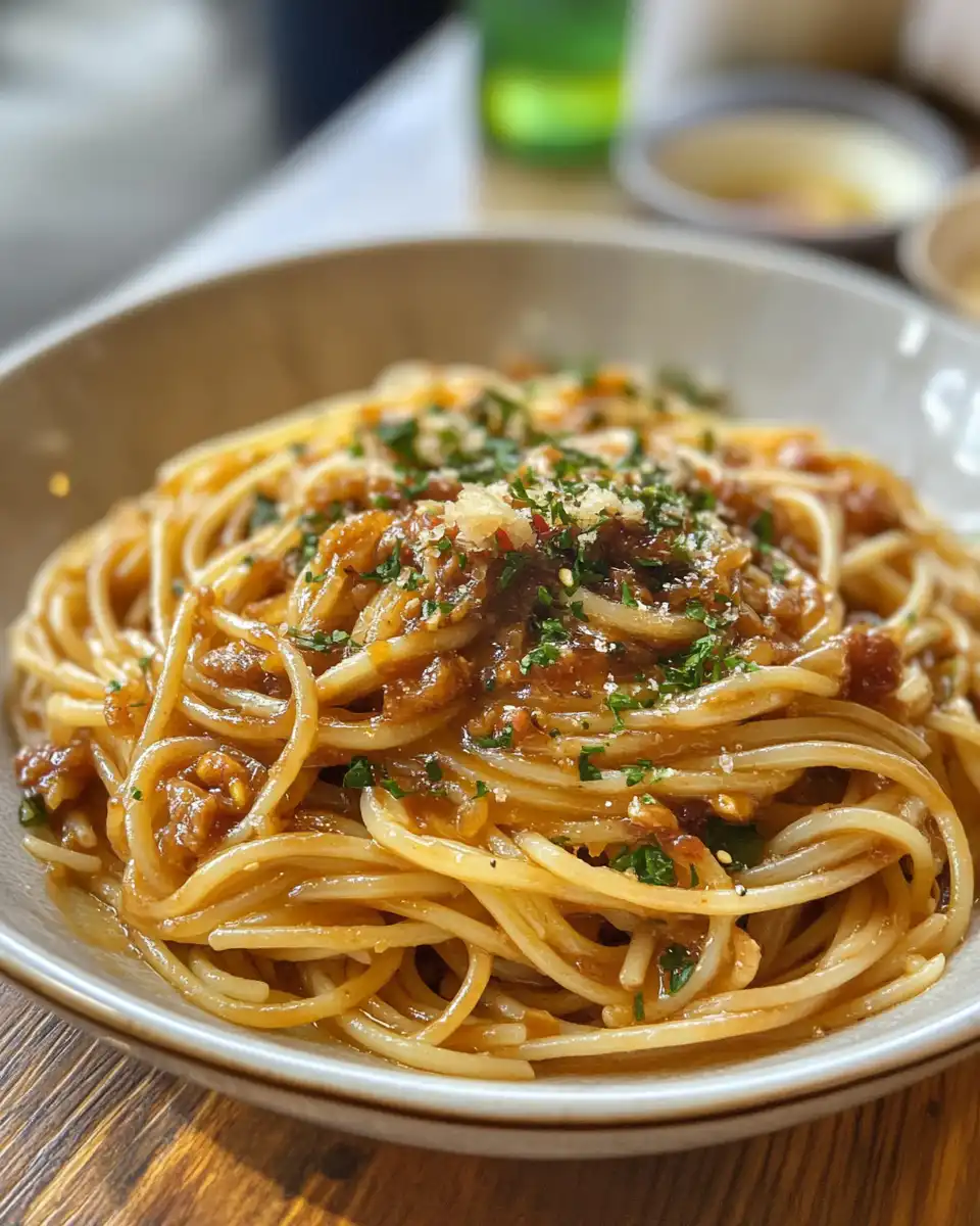 Ingredients for creamy caramelized onion pasta with chili oil spread on counter