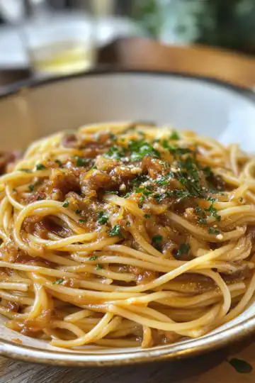 Caramelized Onion Pasta With Chilli Oil taken with iphone 15 pro max --iw 2 --ar 4:5 --v 6.1 --raw