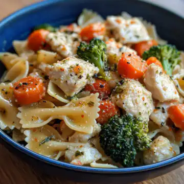 Cheddar Havarti Chicken Bowtie Pasta With Roasted Broccoli Carrots taken with iphone 15 pro max --iw 2 --ar 4:5 --v 6.1 --raw