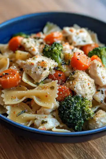 Cheddar Havarti Chicken Bowtie Pasta With Roasted Broccoli Carrots taken with iphone 15 pro max --iw 2 --ar 4:5 --v 6.1 --raw