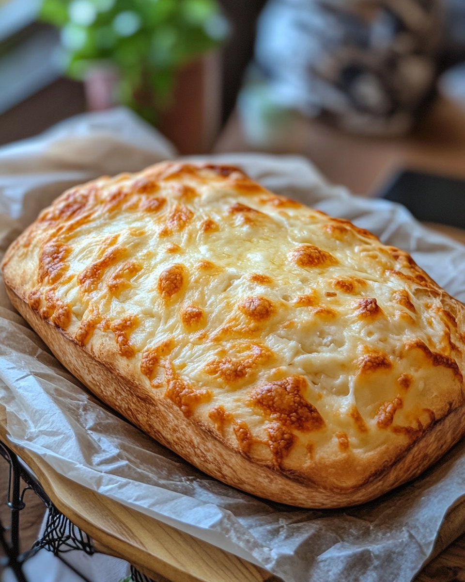 Golden crust of no knead cheddar cheese bread fresh from the pressure cooker
