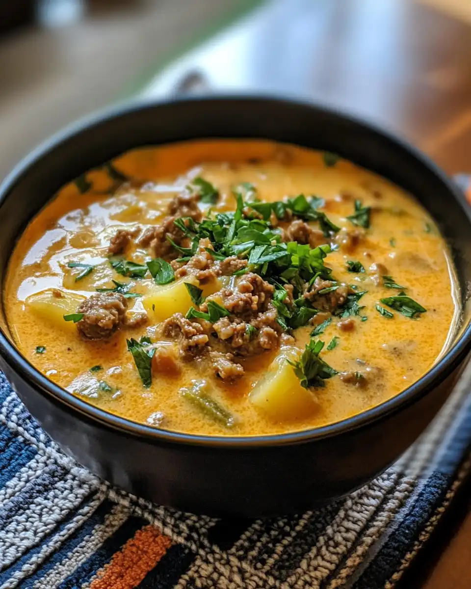 Creamy bowl of cheesy beef potato soup garnished with sliced green onions