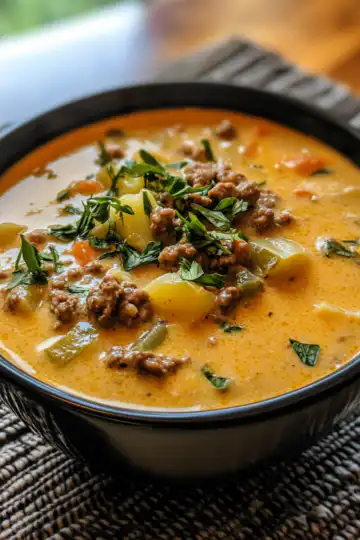 Cheesy Beef Potato Soup taken with iphone 15 pro max --iw 2 --ar 4:5 --v 6.1 --raw