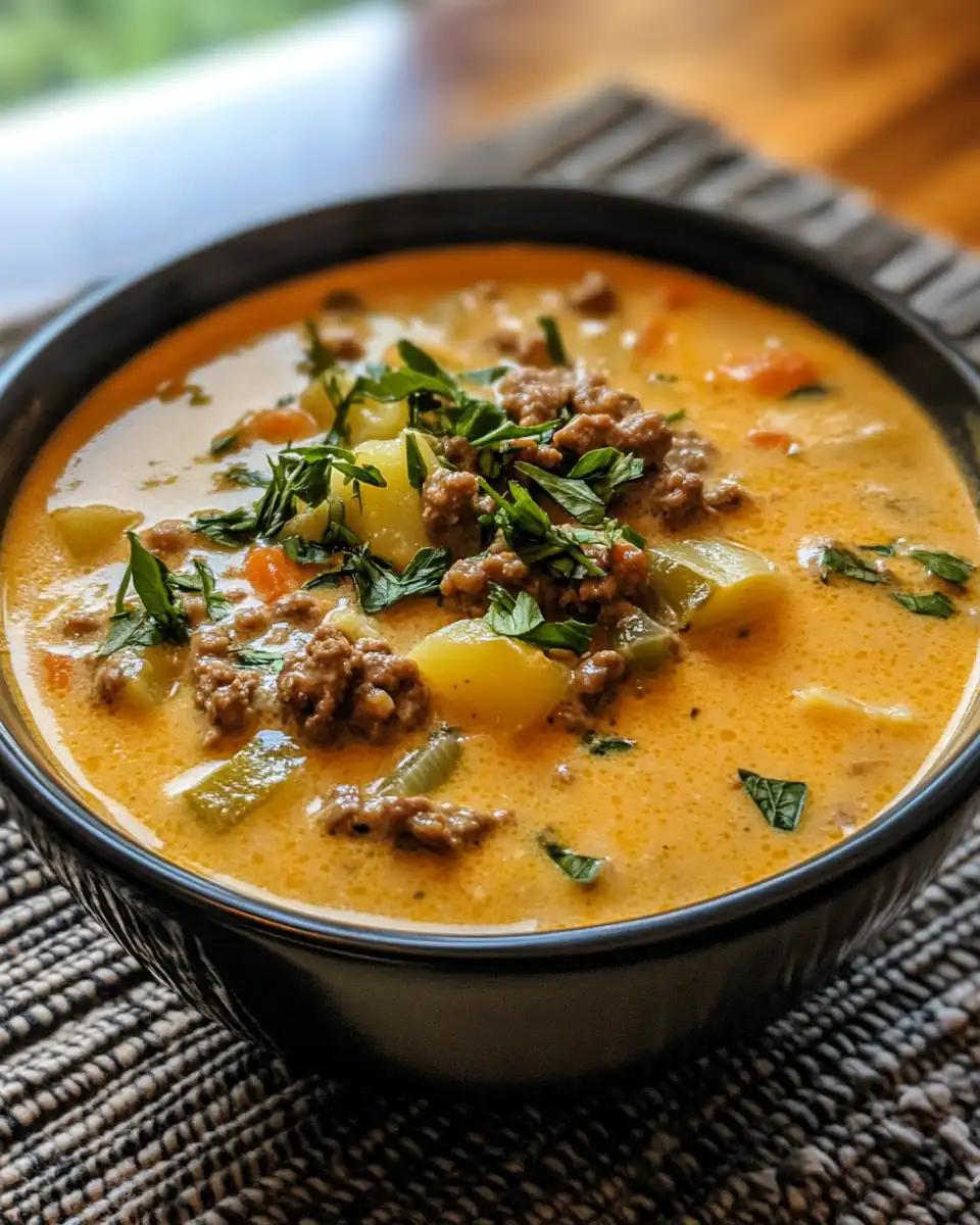 Cheesy beef and potato soup bubbling in pressure cooker with float valve steam