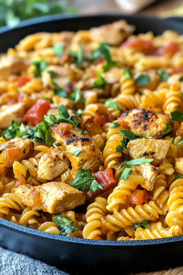 Cheesy Cajun Garlic Chicken Rotini Skillet Recipe taken with iphone 15 pro max --iw 2 --ar 4:5 --v 6.1 --raw