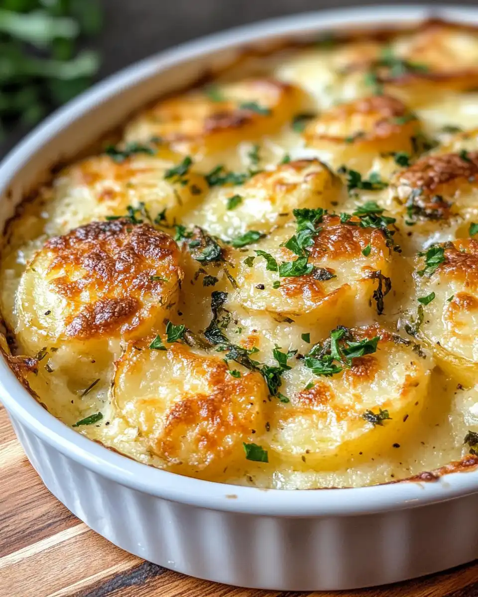 Close up of golden bubbly cheesy garlic potatoes gratin crust