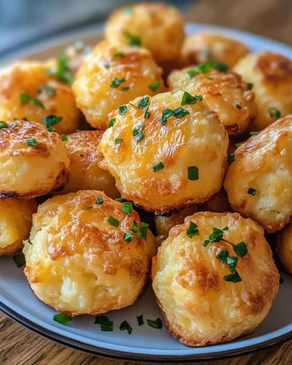 Close up of warm cheesy mashed potato puffs with golden crust