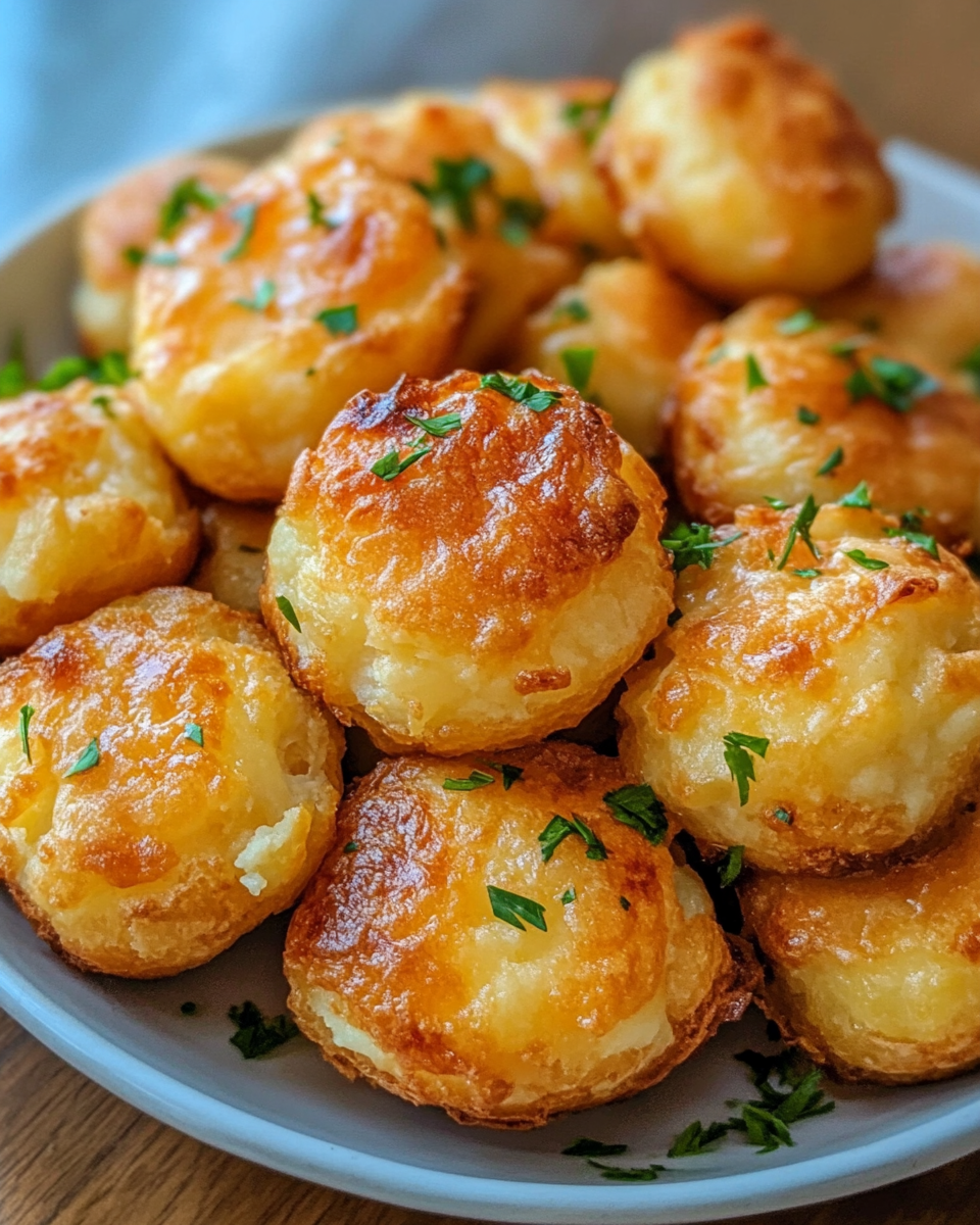 Close up of cheesy mashed potato puffs fresh out of the pressure cooker