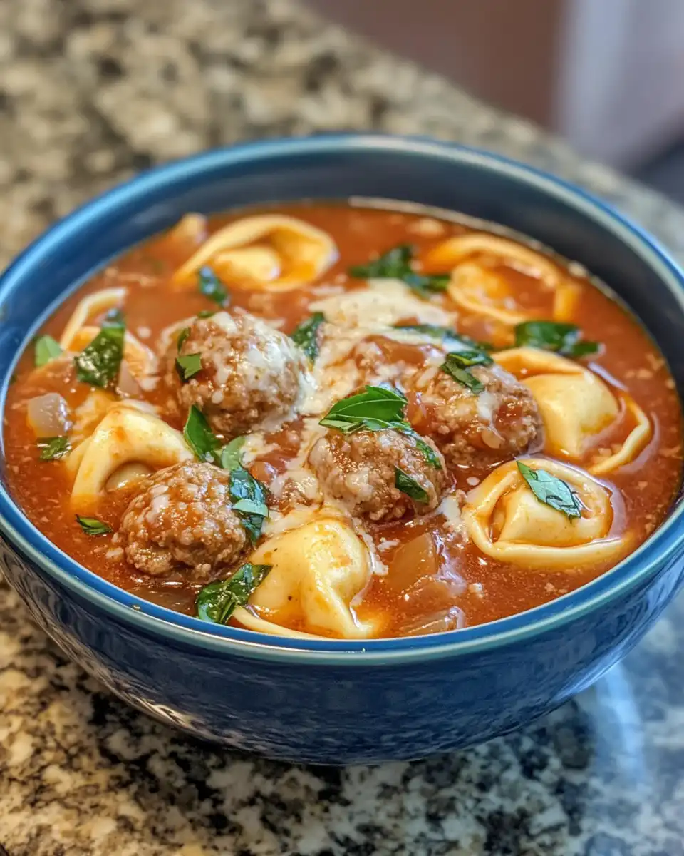 Ingredients laid out for cheesy meatball tortellini soup with fresh vegetables and herbs