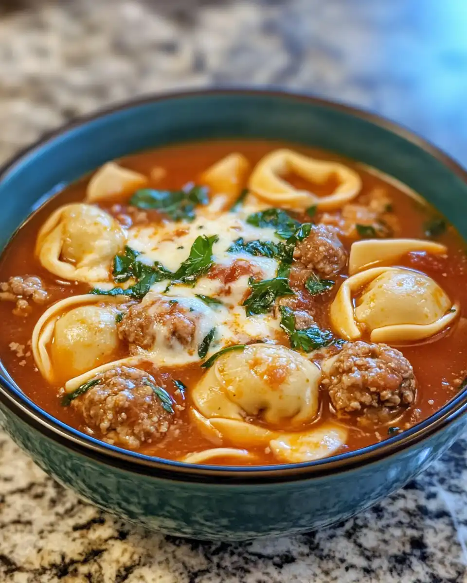 Bowl of finished cheesy meatball tortellini soup garnished with fresh spinach