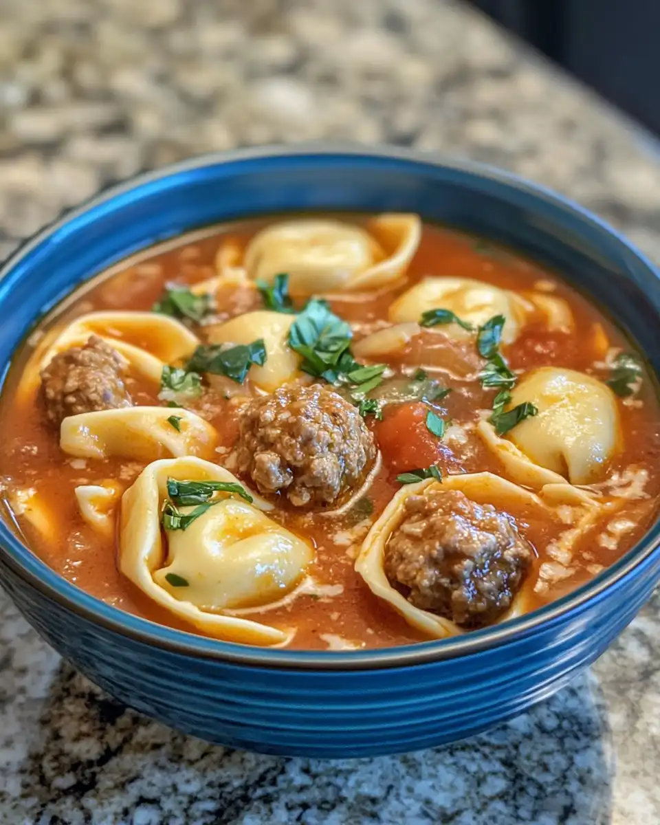 Steaming cheesy meatball tortellini soup in pressure cooker releasing steam