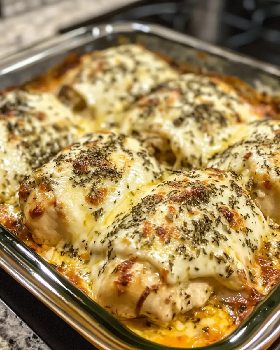 Close-up of cheesy finished chicken bake with juicy tomatoes and melted cheese