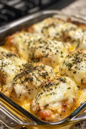 Cheesy Mozzarella Chicken Bake taken with iphone 15 pro max --iw 2 --ar 4:5 --v 6.1 --raw