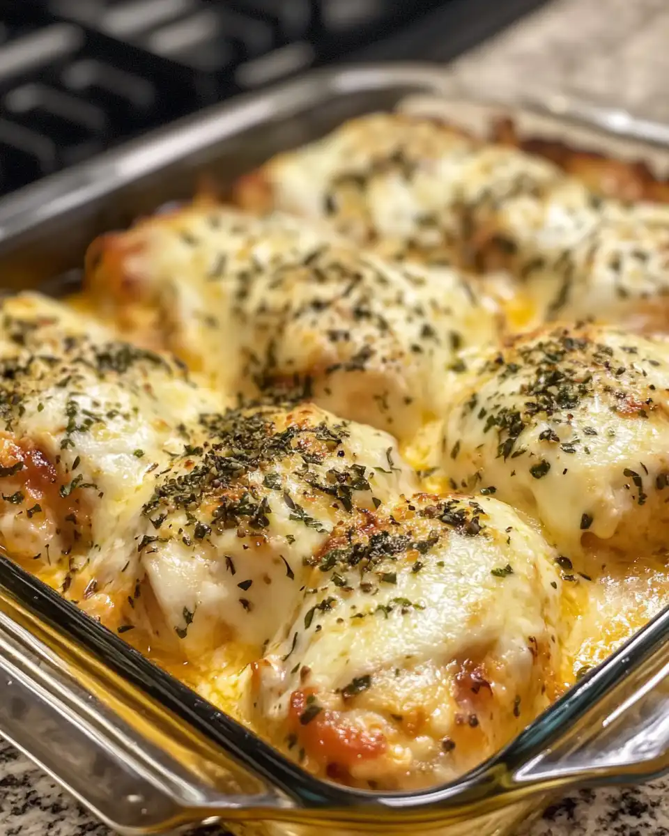 Melty mozzarella chicken bake fresh out of the pressure cooker with herbs and tomatoes