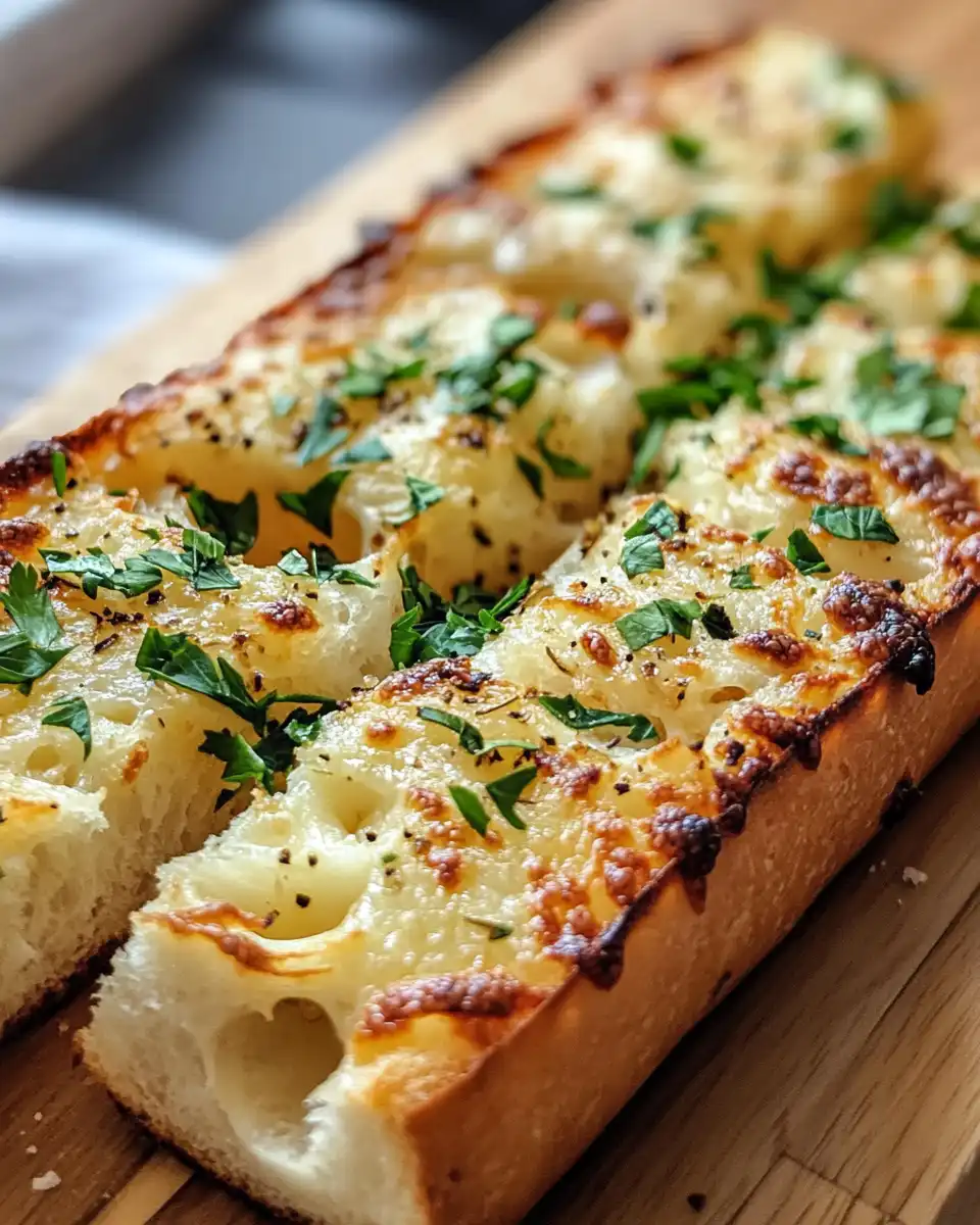 Ingredients for vegan garlic bread including Italian bread, vegan cheese, garlic, and parsley on a kitchen counter