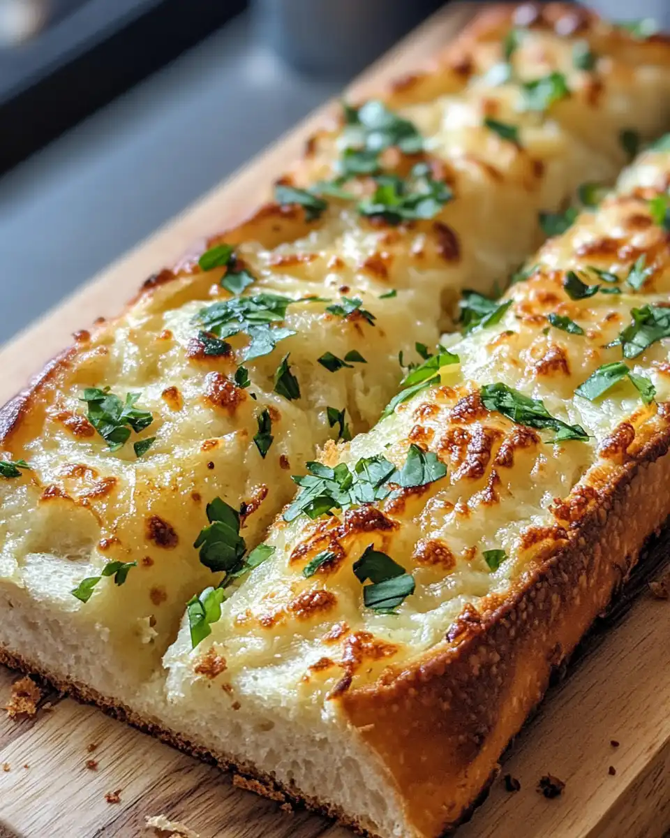 Slices of finished cheesy vegan garlic bread served warm on a white plate
