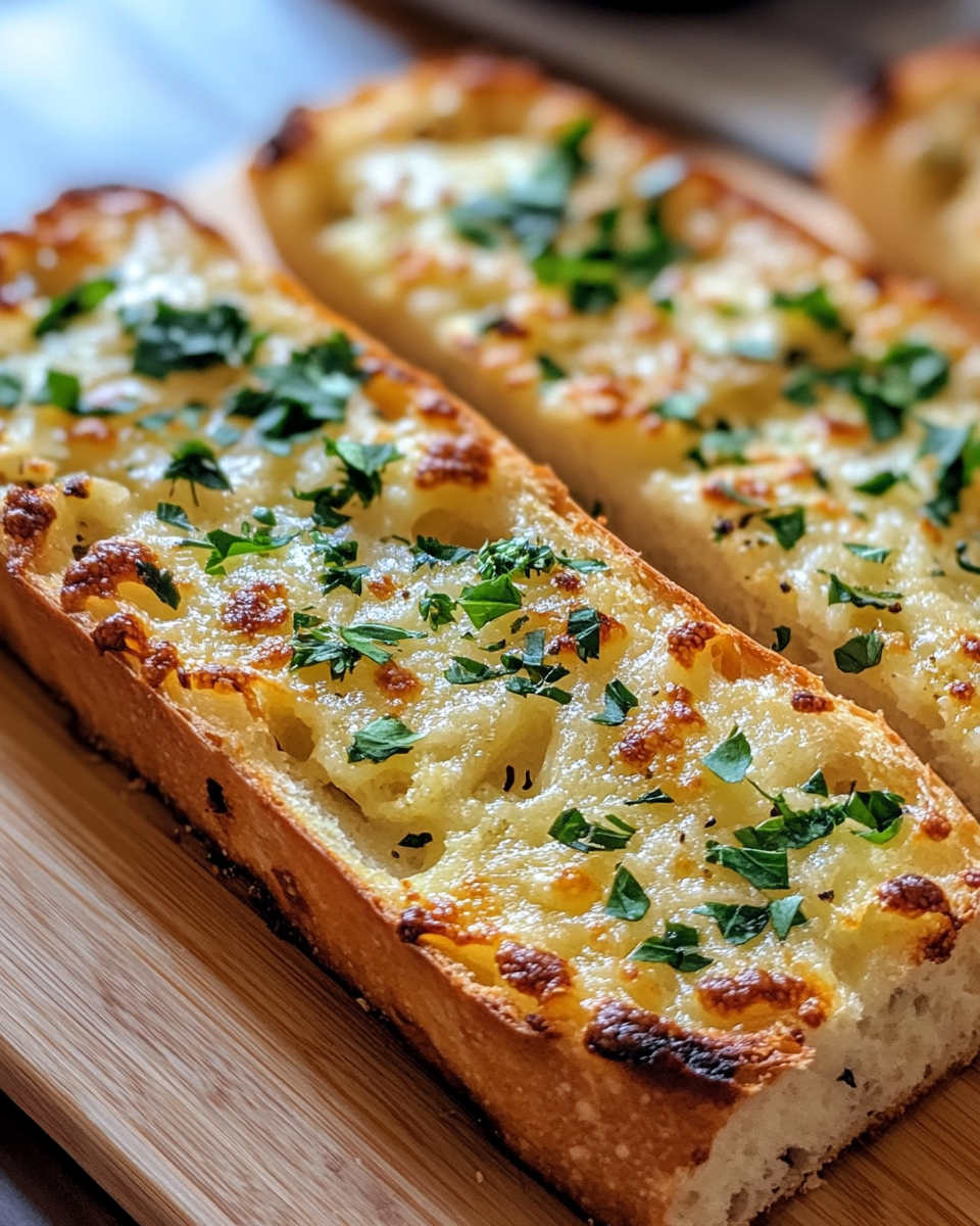 Close up of cheesy vegan garlic bread fresh out of the oven with bubbling cheese