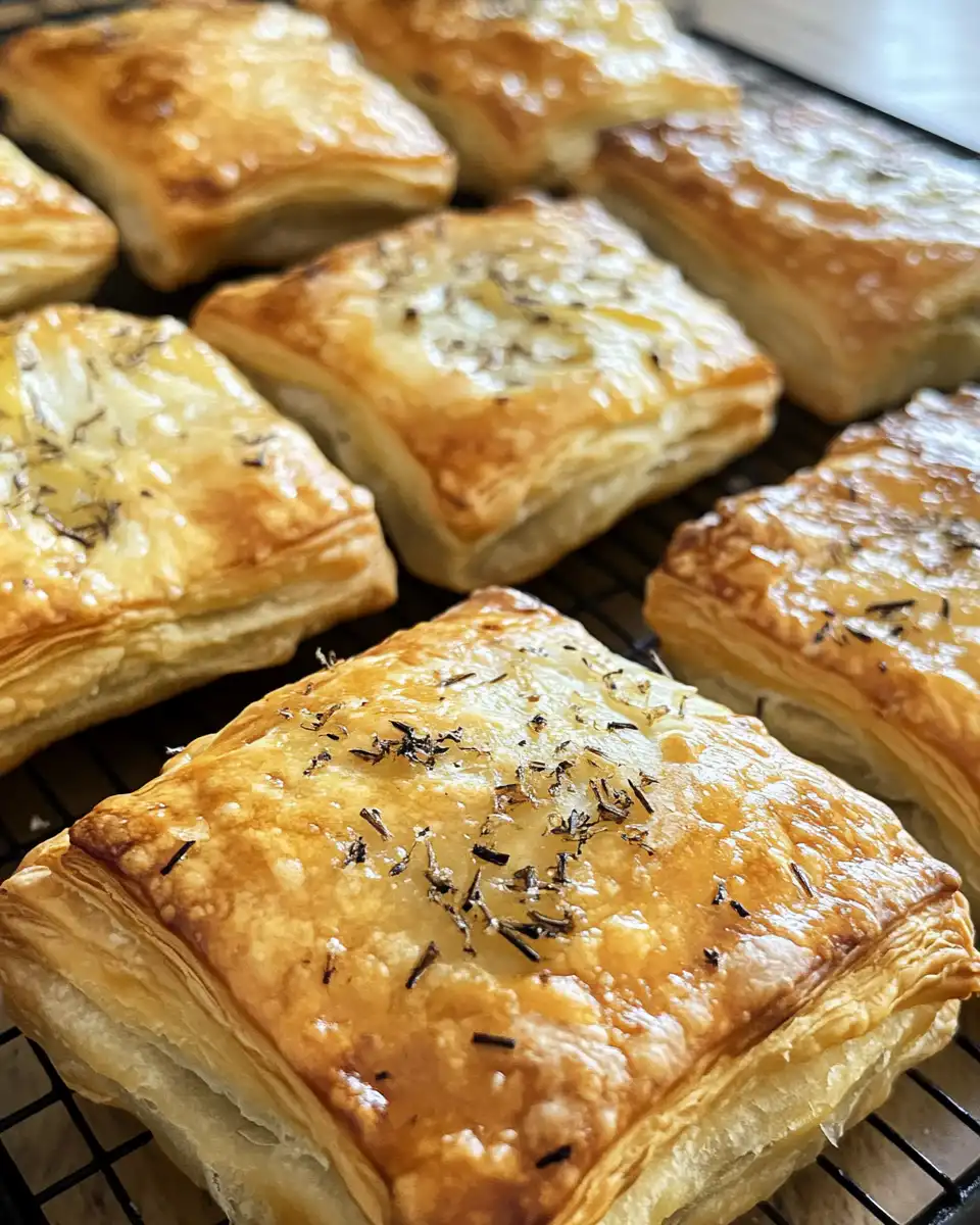 Close-up of cheesy vegan potato and onion puff pastries showcasing flaky golden crust