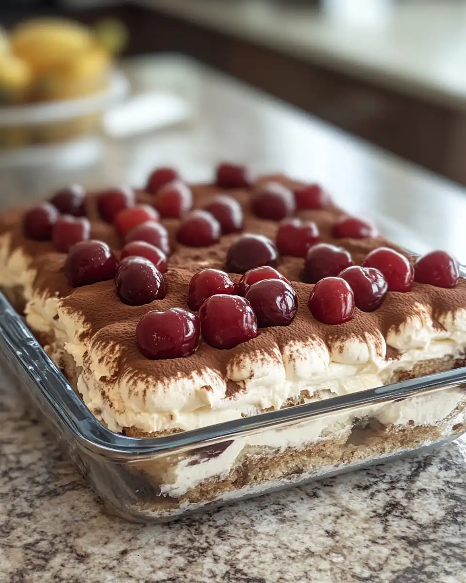 Ingredients for cherry amaretto tiramisu laid out on a kitchen counter