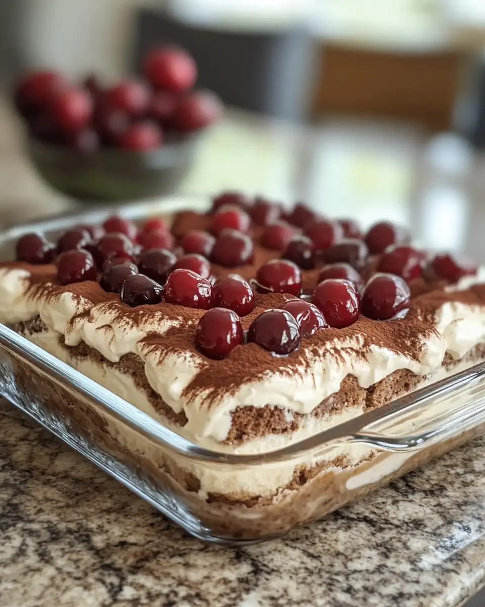 Serving portion of cherry amaretto tiramisu ready to be enjoyed