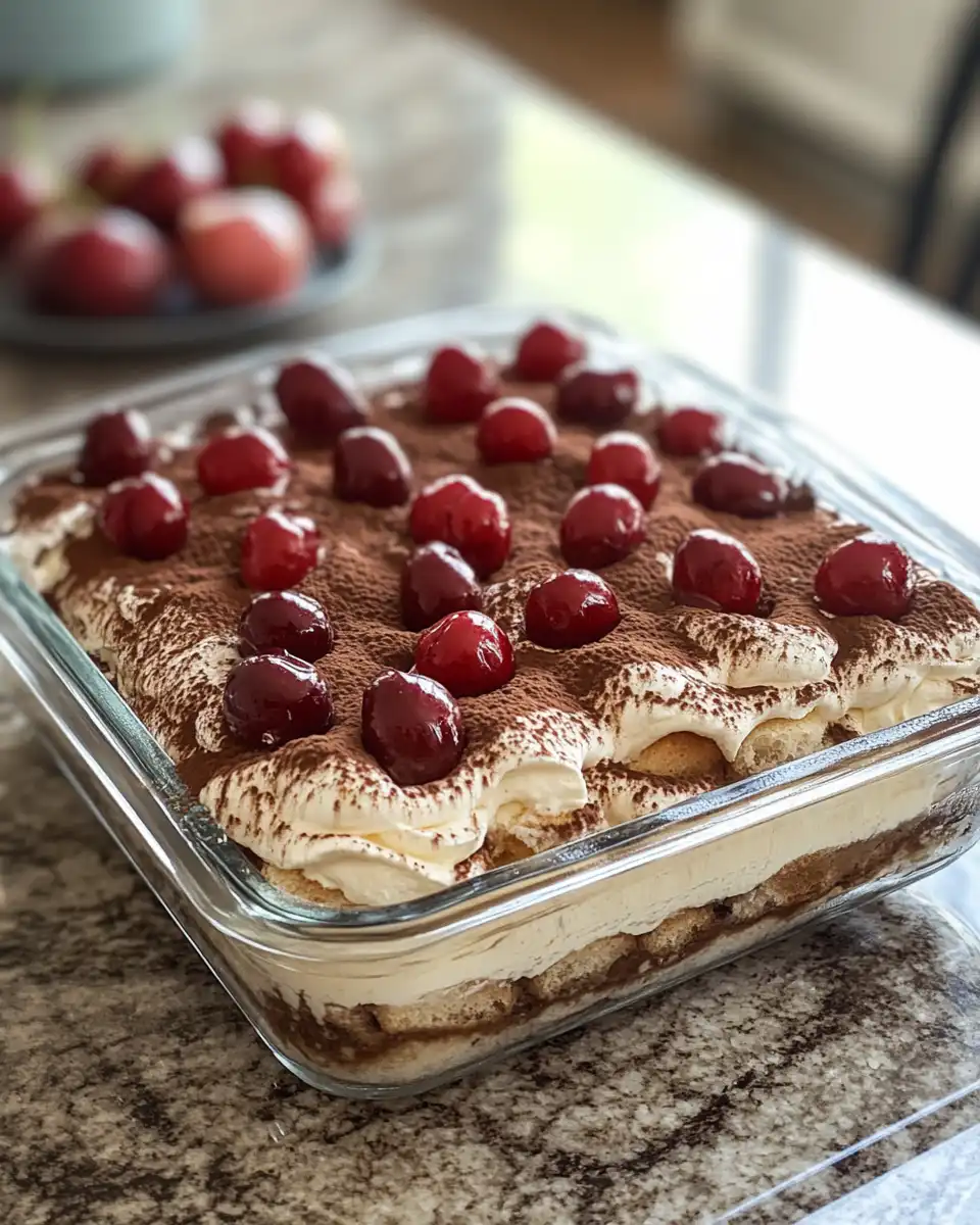 Cherry Amaretto Tiramisu in a serving dish with creamy layers