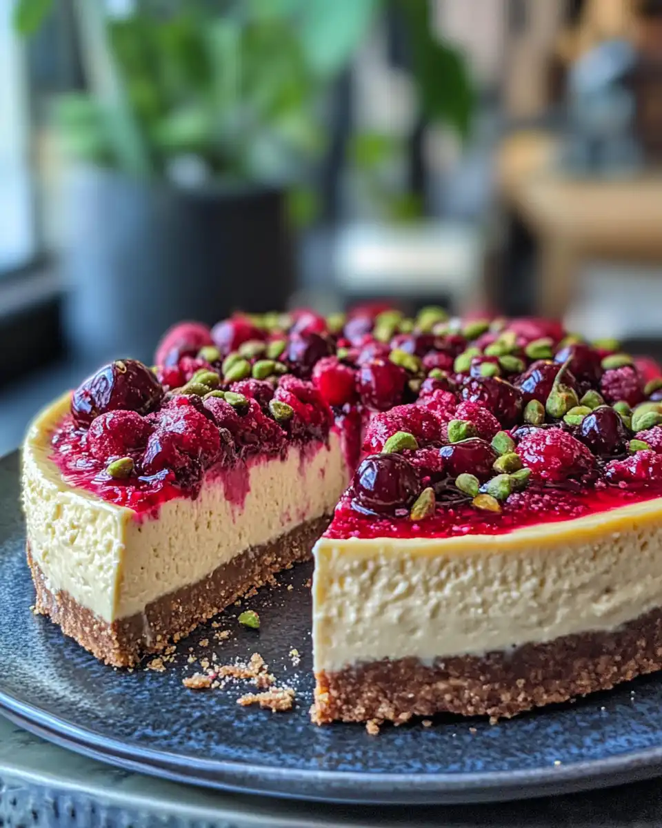 Serving slice of cherry pistachio cheesecake pie topped with crunchy corn streusel