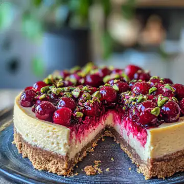 Cherry Pistachio Cheesecake A Luscious Dessert Recipe taken with iphone 15 pro max --iw 2 --ar 4:5 --v 6.1 --raw