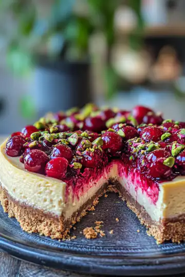 Cherry Pistachio Cheesecake A Luscious Dessert Recipe taken with iphone 15 pro max --iw 2 --ar 4:5 --v 6.1 --raw