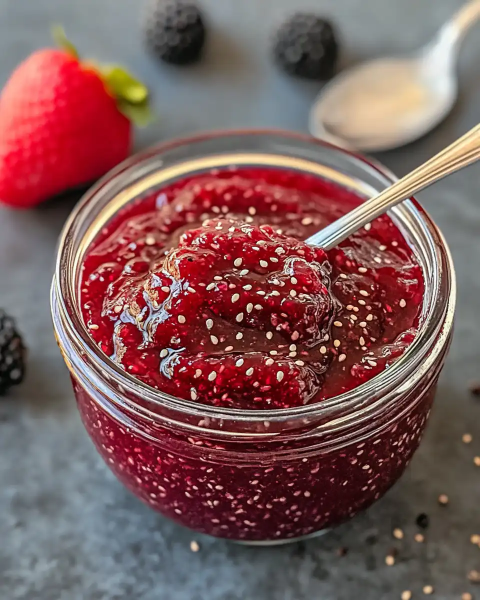 Jar of homemade chia seed jam with fresh berries and toast